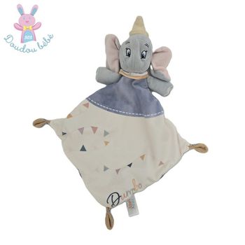 Doudou plat éléphant Dumbo blanc bleu drapeaux Disney