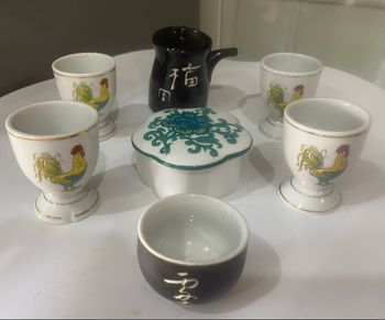 Lot coquetier , boîte à bagues et petite théière bol à saké 