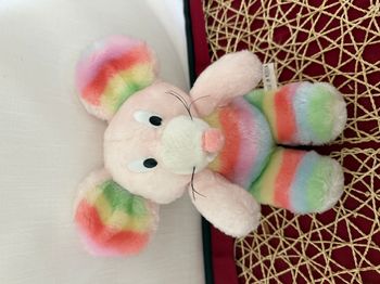 Ancienne peluche souris blanc bleu rose jaune vert Arc en ciel