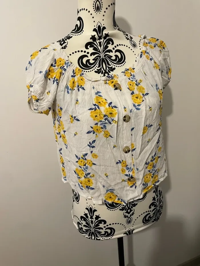 T-shirt court crop top H&M taille 38 manche courte blanc fleuri jaune - photo numéro 2