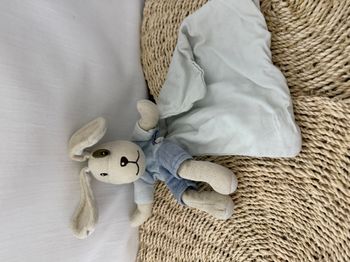 Chien SUCRE D'ORGE doudou Cajou beige cocard et bleu mouchoir blanc