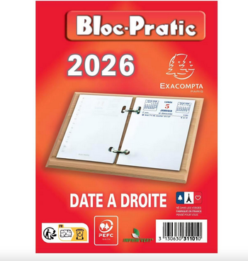 Exacompta Bloc-Pratic 2026, 1 Bloc éphéméride, date à droite, Socle non fourni.