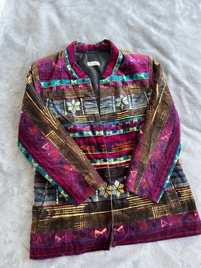 Veste vintage velours avec plusieurs motifs ethniques HG Design – Taille M/L – Pièce originale