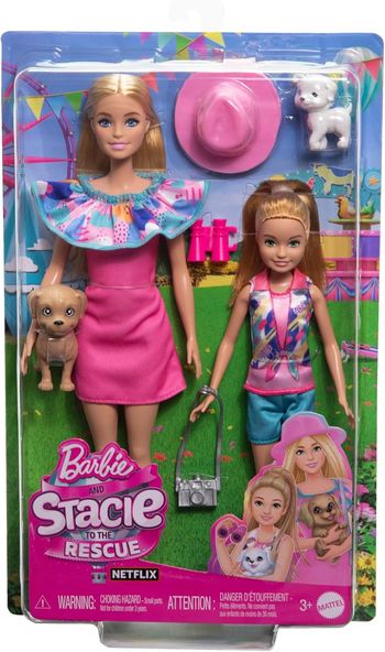 Barbie Coffret Poupée avec Petite Soeur Stacie Et 2 Chiots, Vêtements Et Accessoires Été