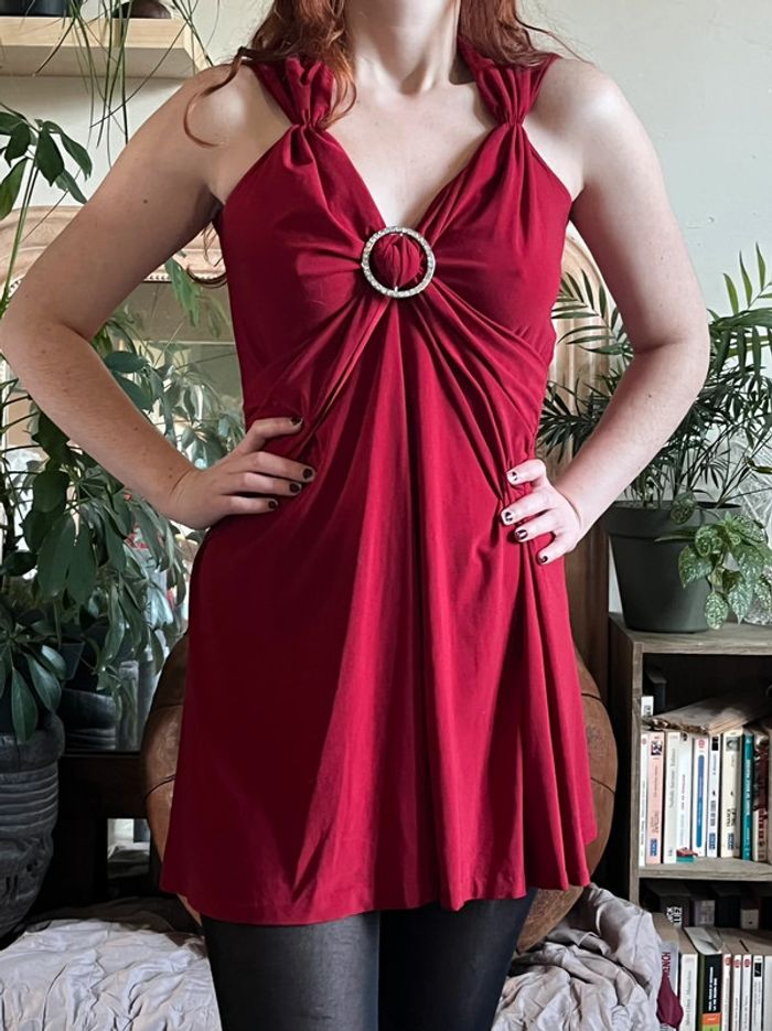 Robe de soirée marqué à la taille et plissé courte - rouge - photo numéro 3