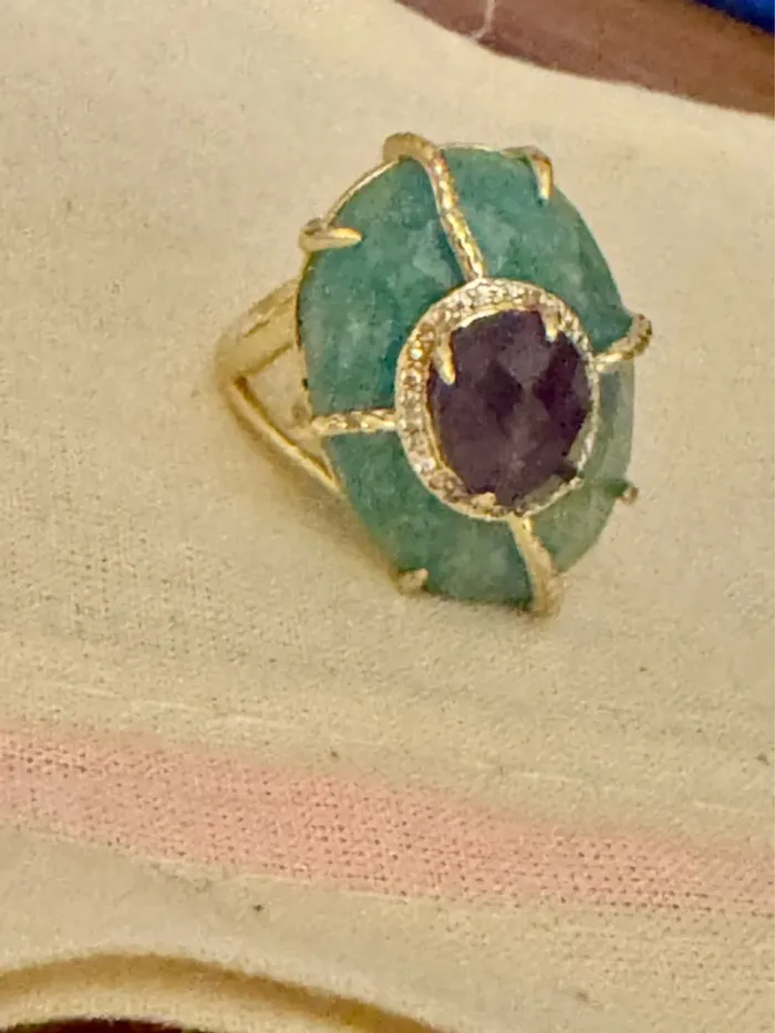 Grosse bague habaha Paris acier inoxydable or jade vert améthyste zircons réglable - photo numéro 7