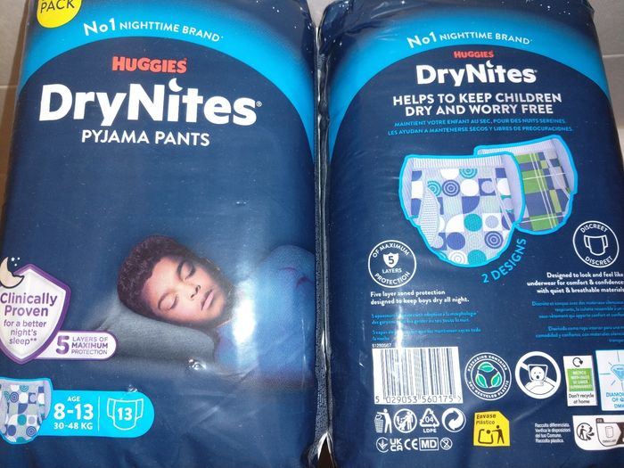 Lot de 4 protection junior garçon huggies drynites pyjama pants 8-13 ans