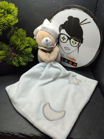 Doudou Ours Gris Blanc Baby Nat' Luminescent Étoile Lune mouchoir Bonnet Bn0137