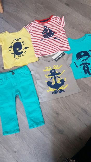 Lot marin 3 mois pantalon skinny et 4 tee-shirts manches courtes bateau pirate baleine ancre