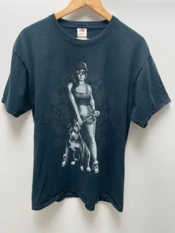 Vintage Streetwear T-Shirt – Sugar Skull Woman & Pitbull Graphic – Size L