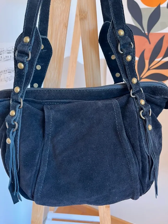 Sac vintage en daim noir marque Cuirs de la licorne état neuf [ref 2508SBl182] - photo numéro 8
