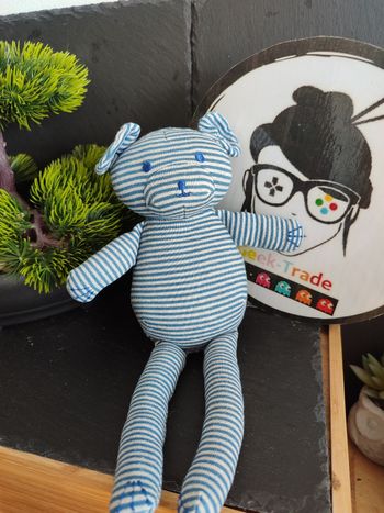 Doudou ours rayé gris bleu foncé petit bateau peluche pantin rayure Marine 3131