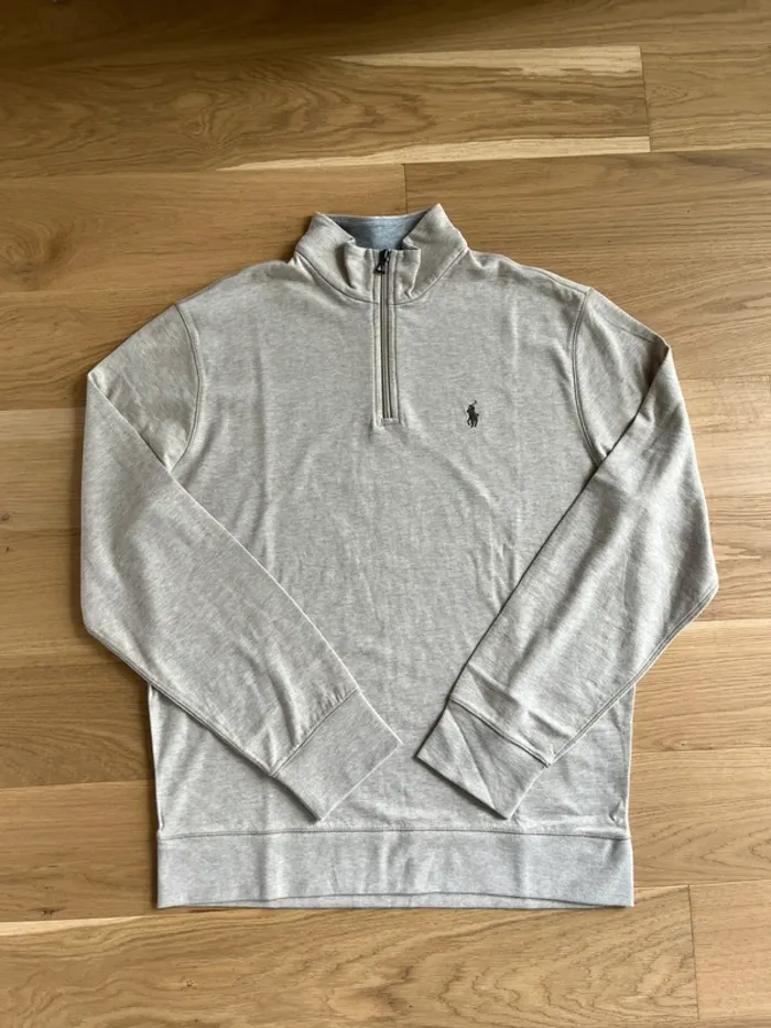 Pull 1/4 Zip Camionneur Ralph Lauren - Beige/Gris Logo Brodé Marron - Taille L - photo numéro 5
