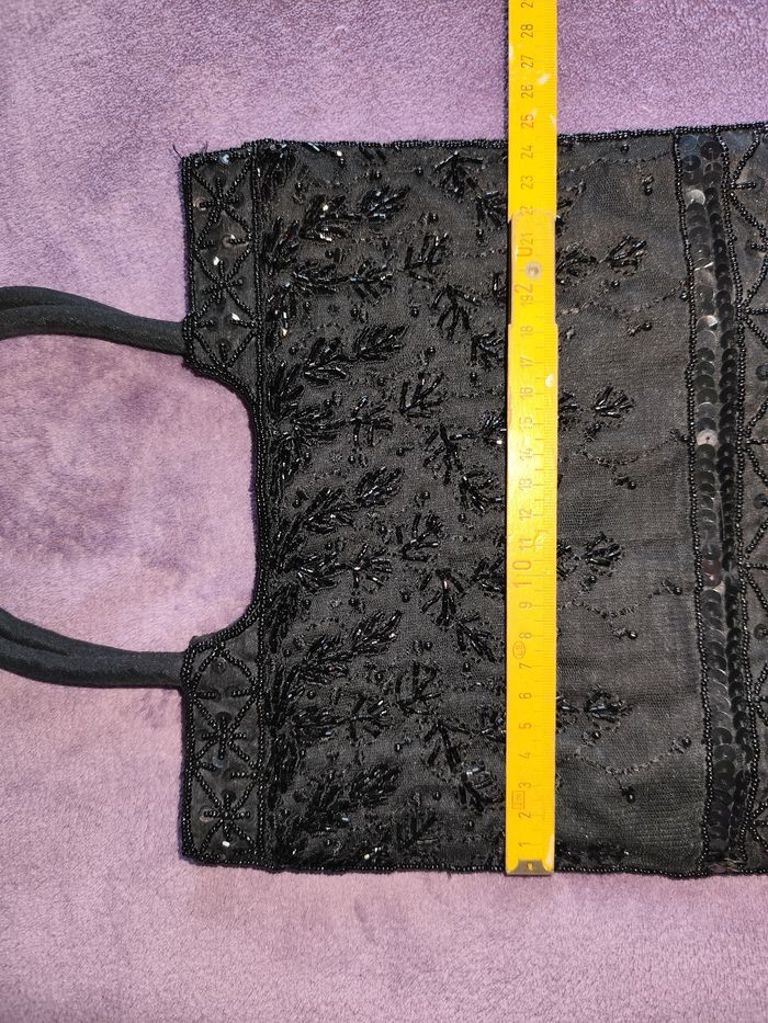 Petit sac à main vintage tissu brodé fermeture anse noir pampille perle sequin - photo numéro 4