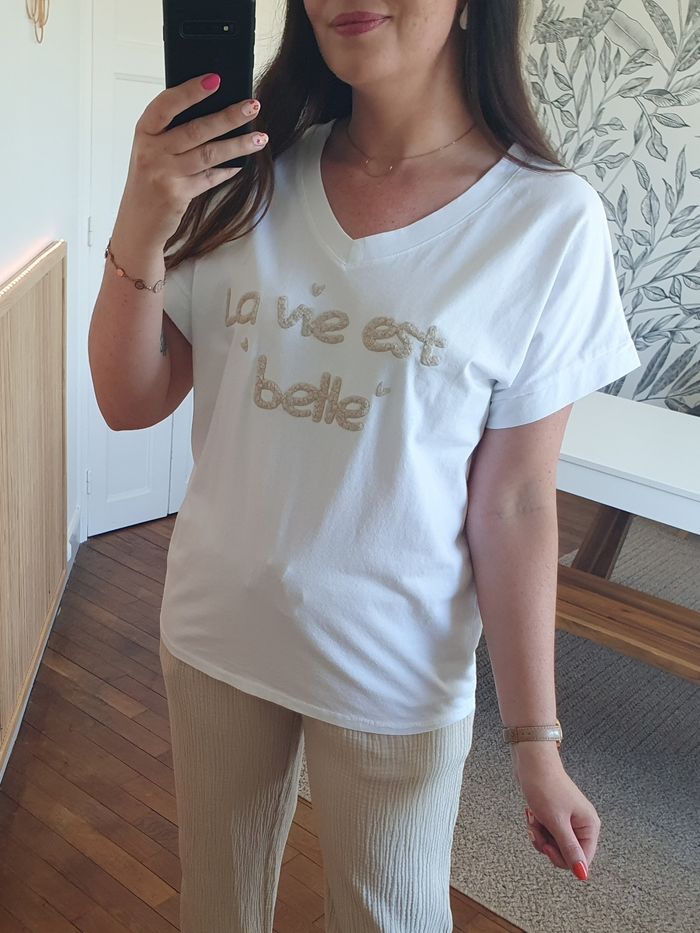 T-shirt La vie est belle blanc/beige Taille unique - photo numéro 3