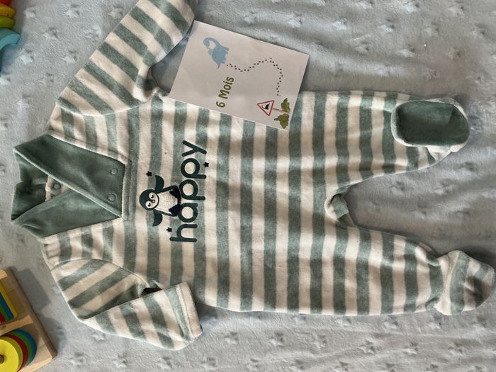 pyjama grenouillère en velours rayé menthe et blanc inscription devant 6 mois obaibi - photo numéro 3
