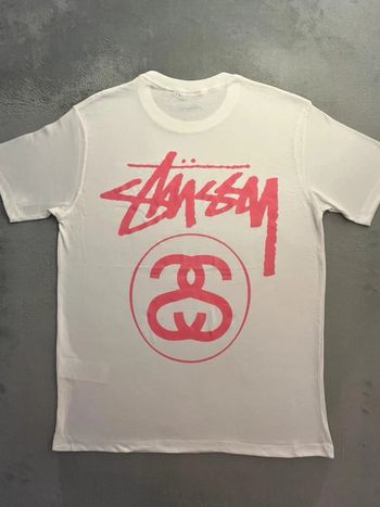 T-shirt Stussy White Crewneck Big Logo Back Pink – Taille L