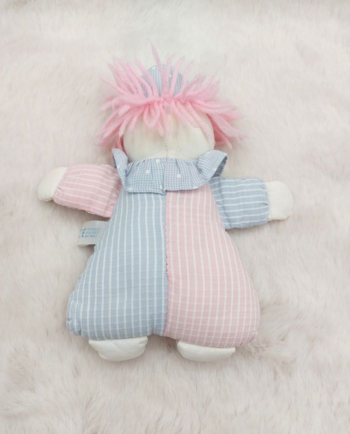 Ancien doudou petite peluche clown TROUSSELIER blanc bleu rose 19,5 cm Vintage - photo numéro 2