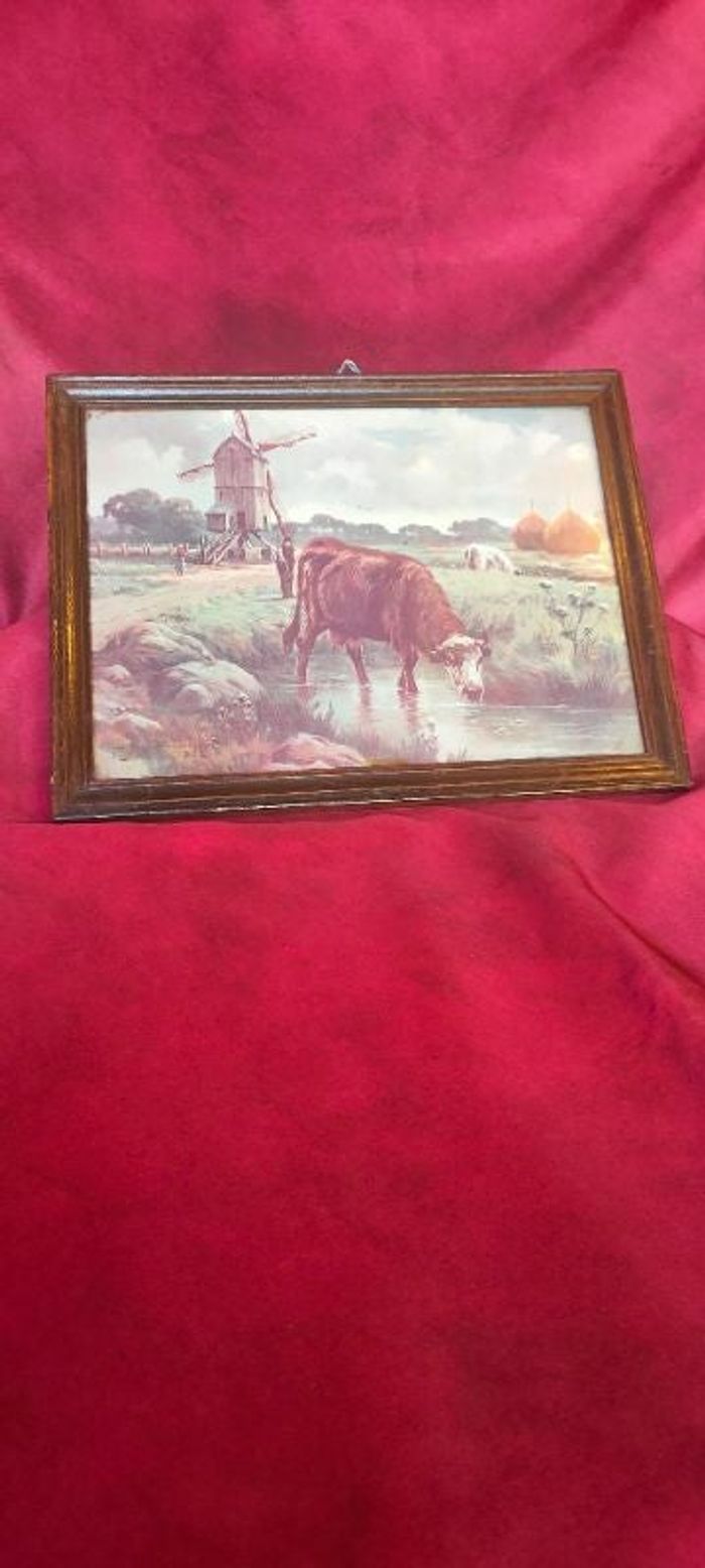 Ancien tableau paysage moulin et vaches