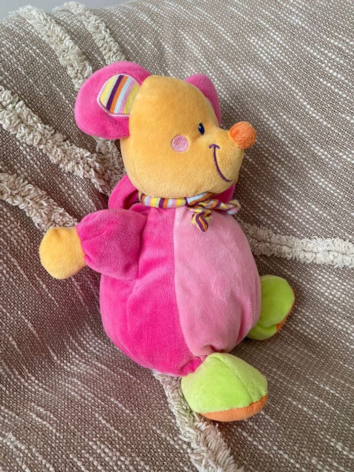 Peluche doudou musical 29cm Mots d'enfants souris rose et orange très bon état - photo numéro 2