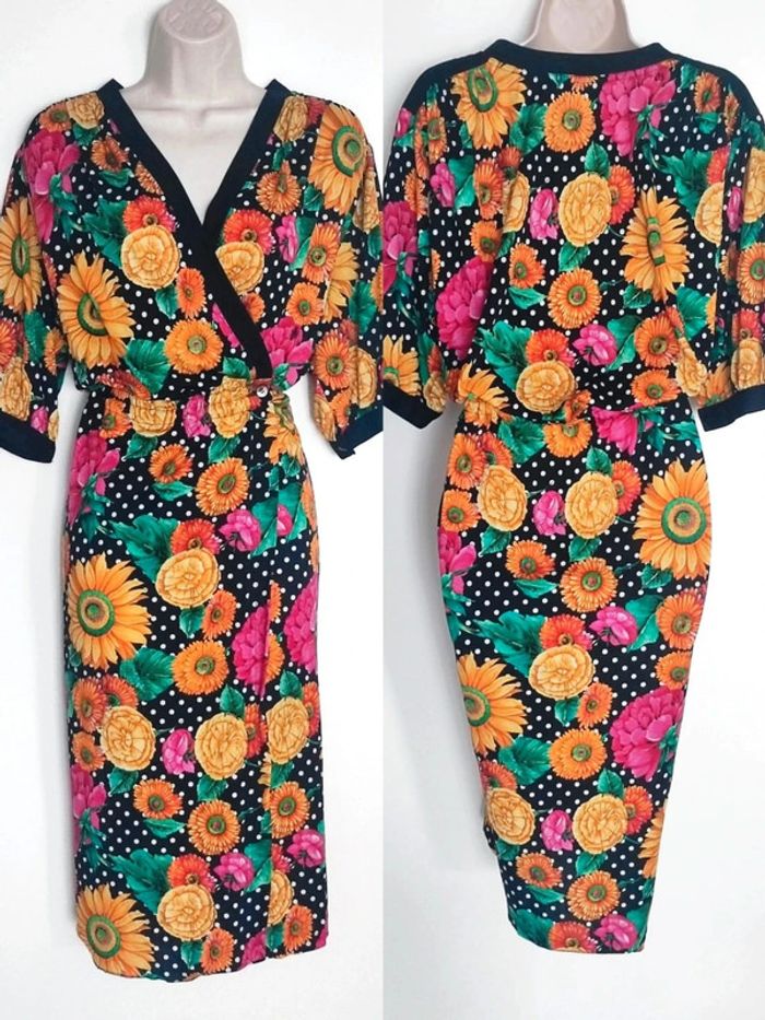 Robe longue portefeuille fleur multicolore noir Rétro / Botto Boutique - 36/S oversize à 46/XXXL - photo numéro 13