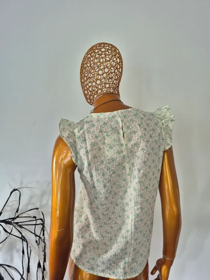Blouse Manches Courtes Verte et Crème Femme Taille L/40 - photo numéro 2