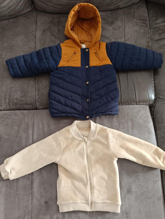 Blouson garçon chaud vertbaudet bleu marine et marron avec doublure 3 ans