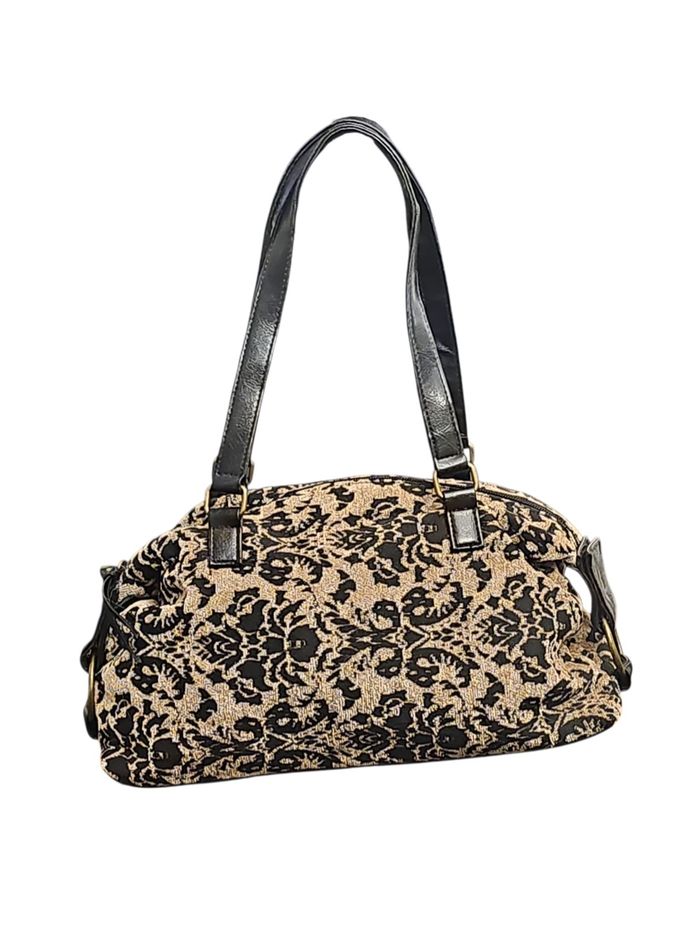 Sac à main vintage chic noir et doré – brocart floral – anse vernie - photo numéro 3