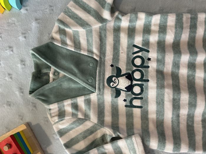 pyjama grenouillère en velours rayé menthe et blanc inscription devant 6 mois obaibi - photo numéro 6