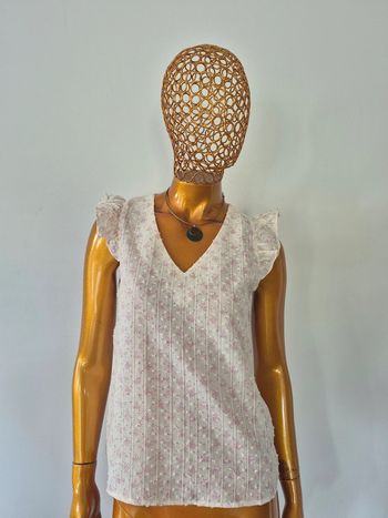 Blouse Femme Manches Courtes Rose et Crème Taille M/38