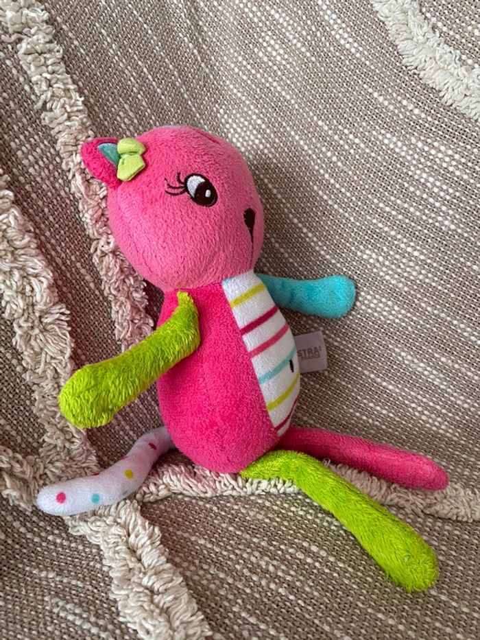 Peluche Doudou 28cm orchestra ours chat rose et vert bleu rayé blanc très bon état - photo numéro 2