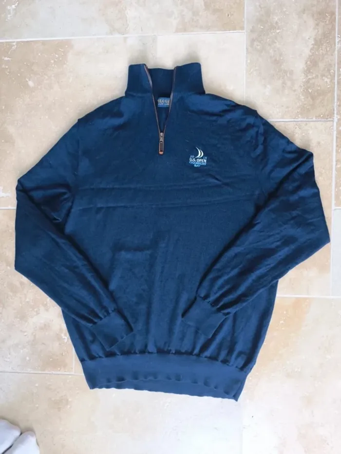 Magnifique pull quart zip laine mérino Ralph Lauren Polo Golf marine logo blanc homme L US Open 2015 - photo numéro 2