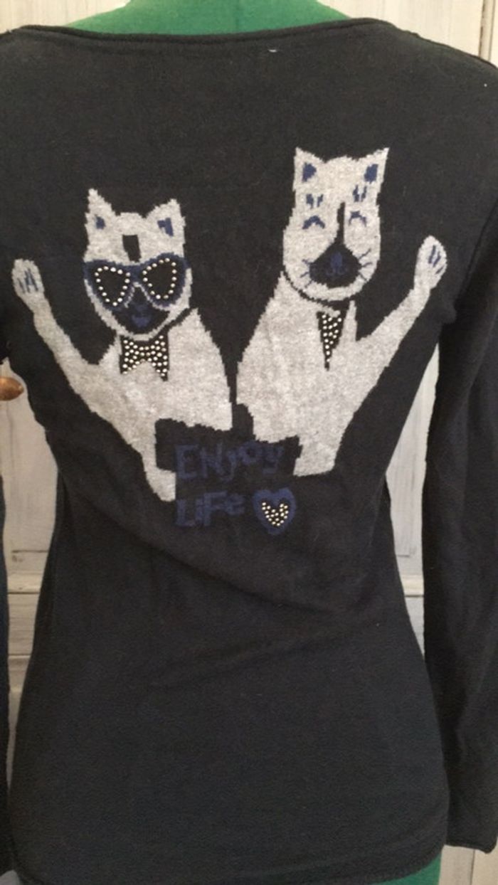 Pull tunisien col V it hippie noir chat - photo numéro 4