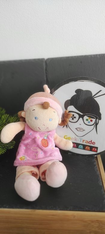 Doudou Fille rose orange oiseau mots d'enfants maison jaune rayé Marron Robe