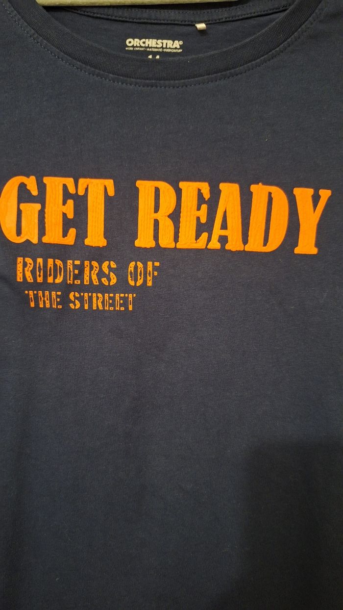 Tee-shirt manches longues bleu marine imprimé relief orange - photo numéro 3