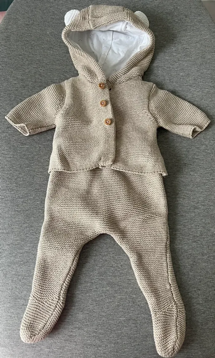 Ensemble naissance 3 pièces en point mousse - beige chiné