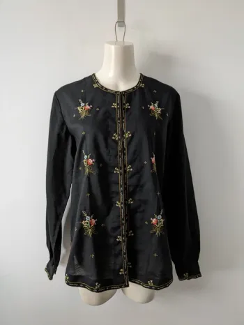 Chemisier brodé vintage manches longues - broderie faite main - taille 42/44