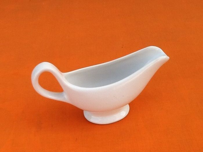 Saucière avec sa cuillère Porcelaine blanche, décor corbeille de fruits - photo numéro 2