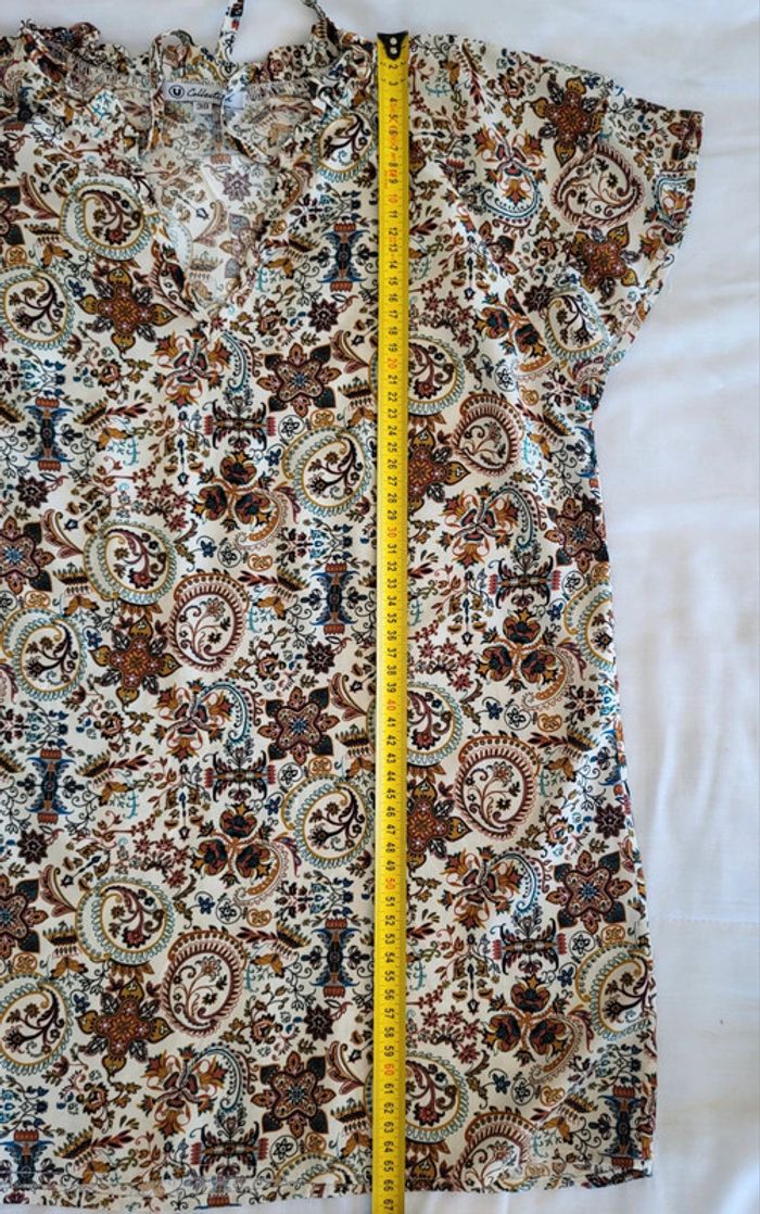 Blouse manches courtes à motifs imprimé cachemire écru rouille bleu Camaïeu Taille 38 - photo numéro 9