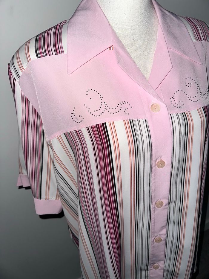 Chemisier à rayures et strass rose et blanc Y2K Vintage T46 3XL - photo numéro 6