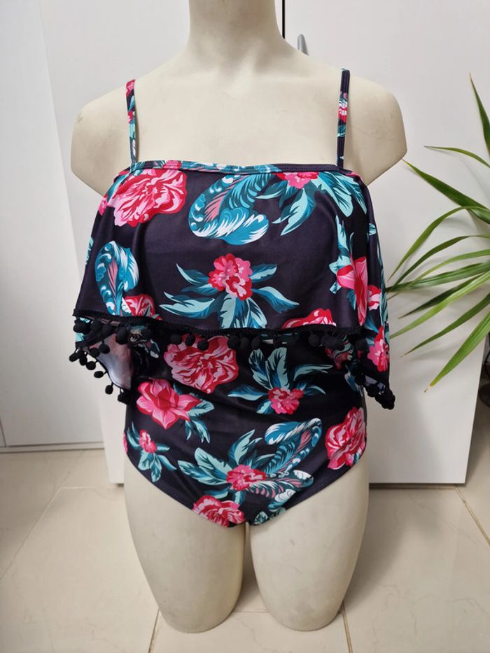 Maillot de Bain Tankini Une Piece Col Bateau Pompons Fleurs Taille 2XL 48 - photo numéro 6