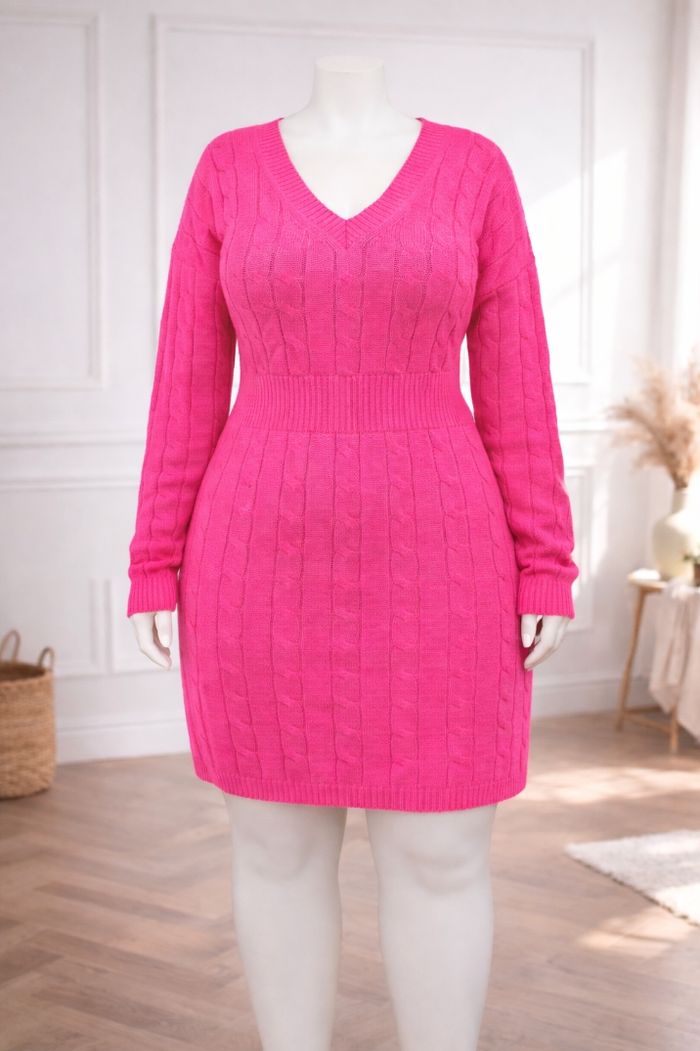 Robe pull en tricot maille torsadée rose fushia vif Femme taille 52 marque Boohoo 💍 - photo numéro 5