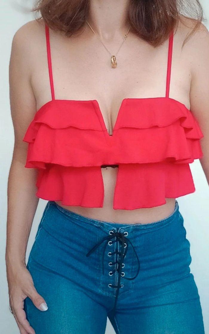 Top crop volante décolleté sexy rouge taille 36 - photo numéro 3