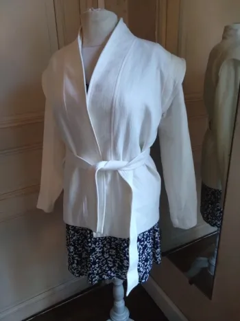 Manteau Veste Kimono t 34 36 Valentin Bérénice mi saison ceinturée blanc Coton