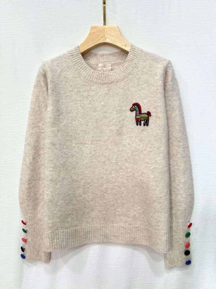 Pull beige bouton logo cheval laine