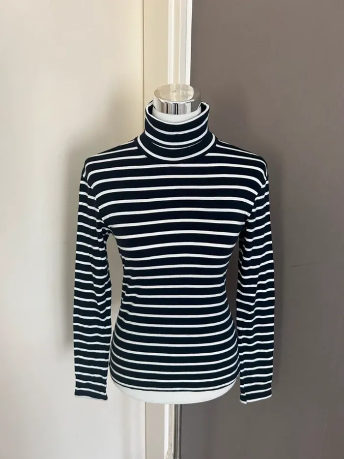 Petit bateau, T-shirt manches longues  taille XS Col roulé/marinière Bleu marine, rayé blanc