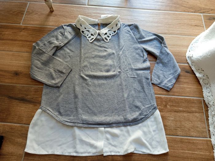 Pull chemise 2 en 1 gris avec col dentelle Naf Naf - photo numéro 6