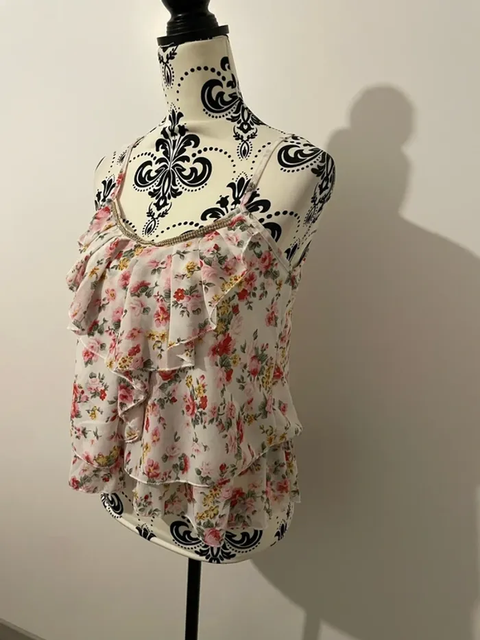 Débardeur à fine bretelles ample à volant blanc fleuri rose multicolore strass col taille 36 - photo numéro 4