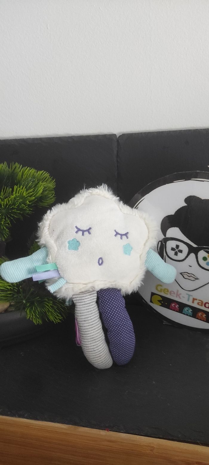 Doudou réversible étoile luc et lea bleu blanc pois rayures peluche fourrure