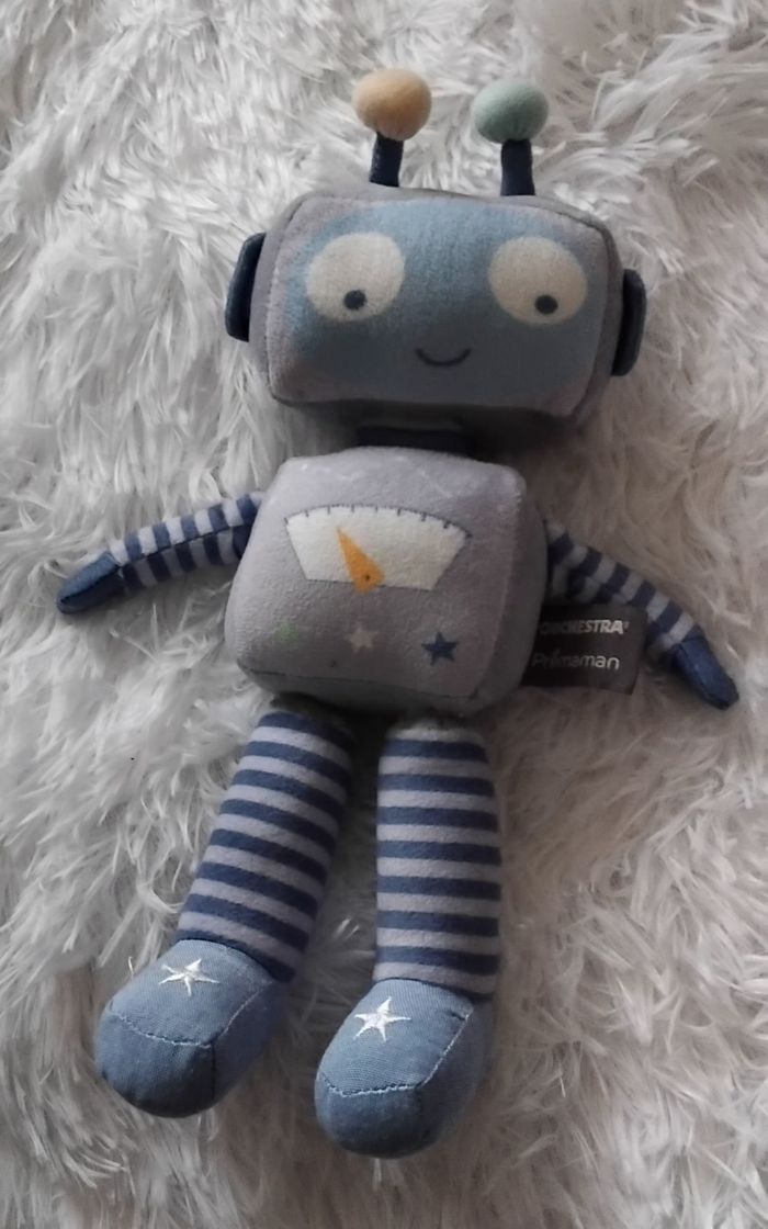 Doudou peluche robot bleu,rayés compteur - Orchestra